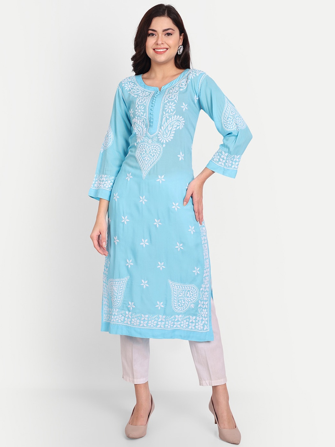 

Indiankala4u Chikankari Embroidered Thread Work Straight Regular Kurta, Blue