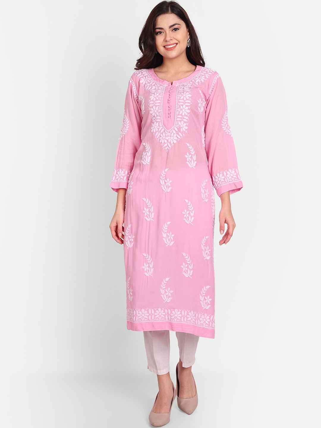 

Indiankala4u Chikankari Embroidered Thread Work Straight Regular Kurta, Pink