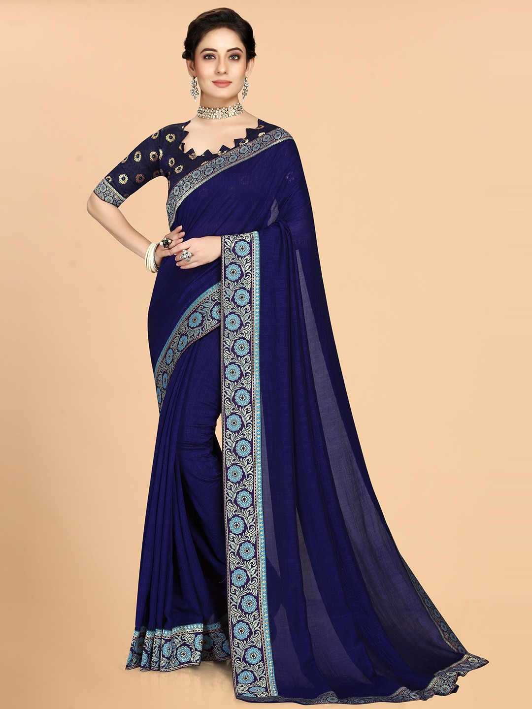 

KALINI Silk Blend Saree, Navy blue