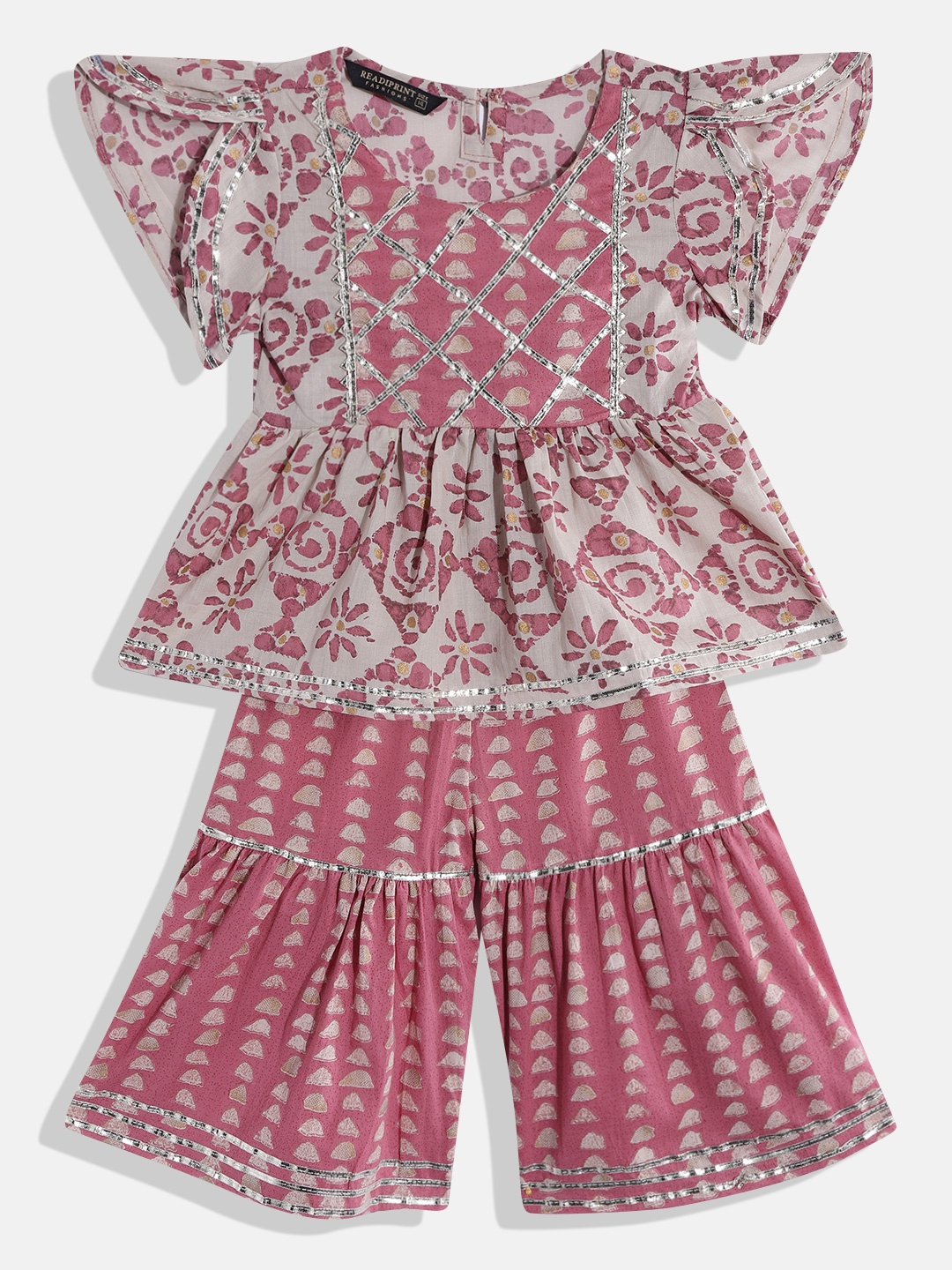 

Readiprint Girls Mauve Ethnic Motifs Printed Empire Gotta Patti Pure Cotton Kurti with Sharara