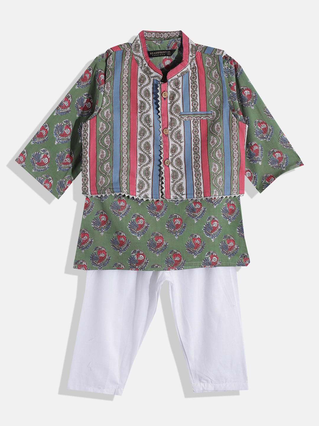 

Readiprint Fashions Boys Green Floral Printed Gotta Patti Pure Cotton Kurta with Pyjamas