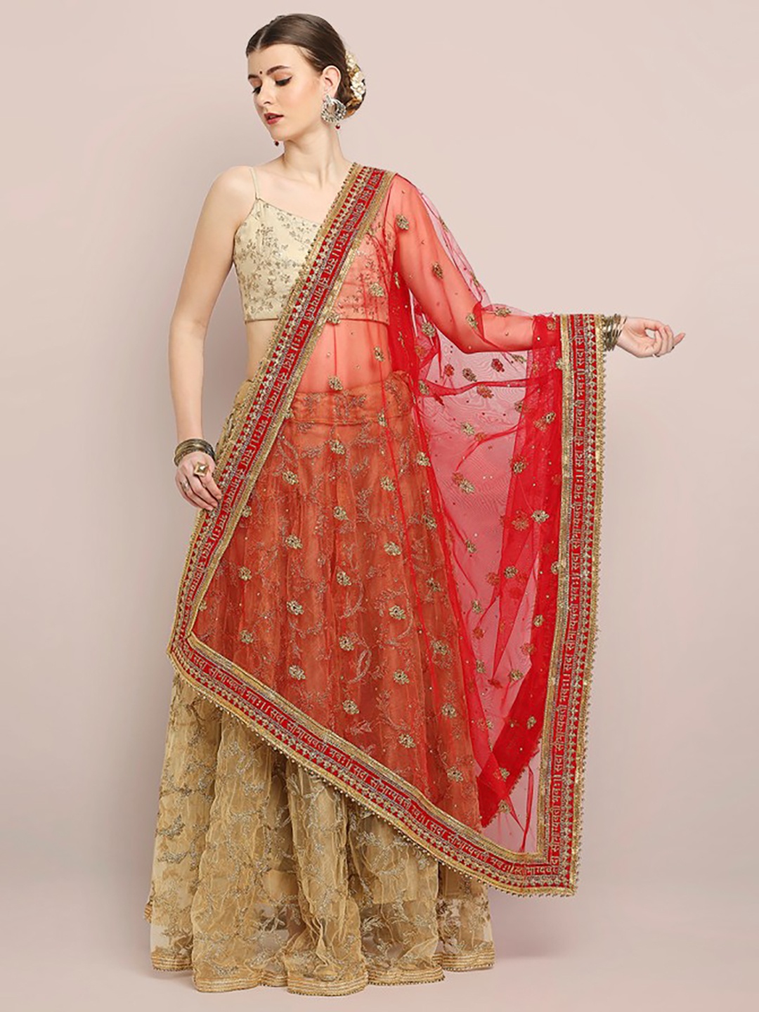 

Dupatta Bazaar Ethnic Motifs Embroidered Net Dupatta with Sequinned, Red