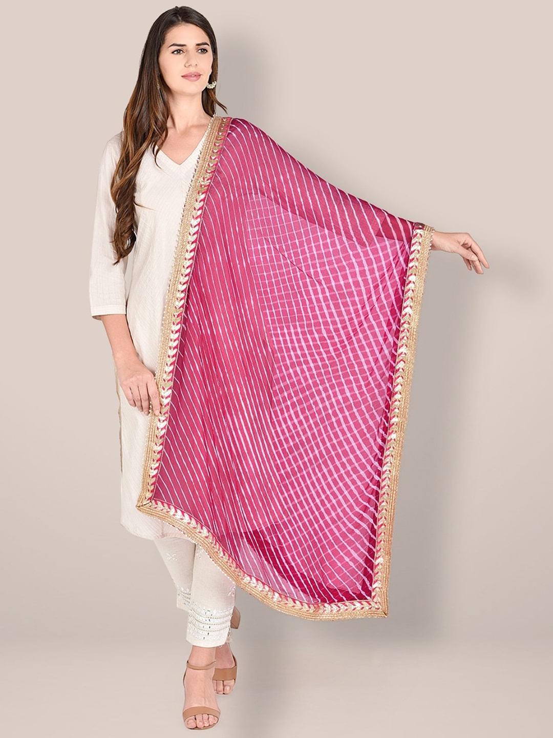

Dupatta Bazaar Striped Leheriya Chiffon Dupatta with Gotta Patti, Pink