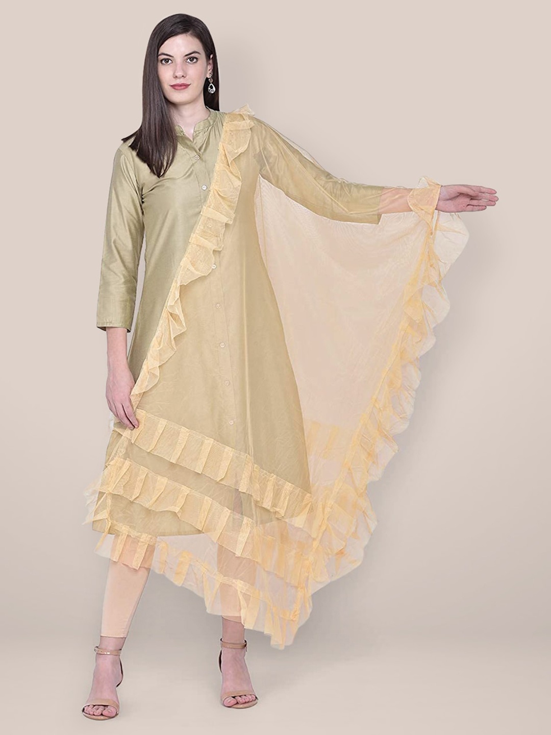 

Dupatta Bazaar Net Dupatta with Ruffles, Beige