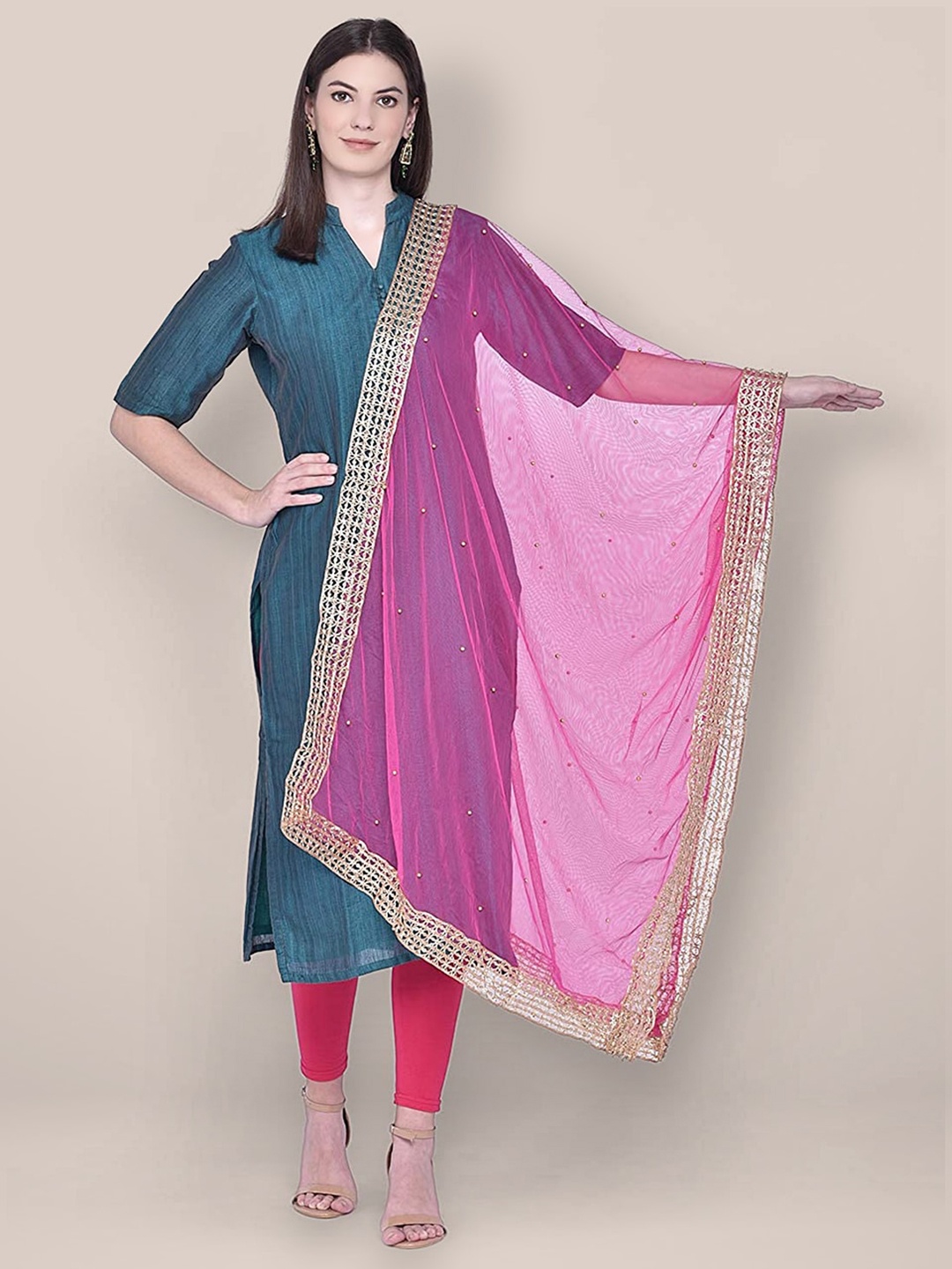 

Dupatta Bazaar Ethnic Motifs Embroidered Net Dupatta with Beads and Stones, Pink