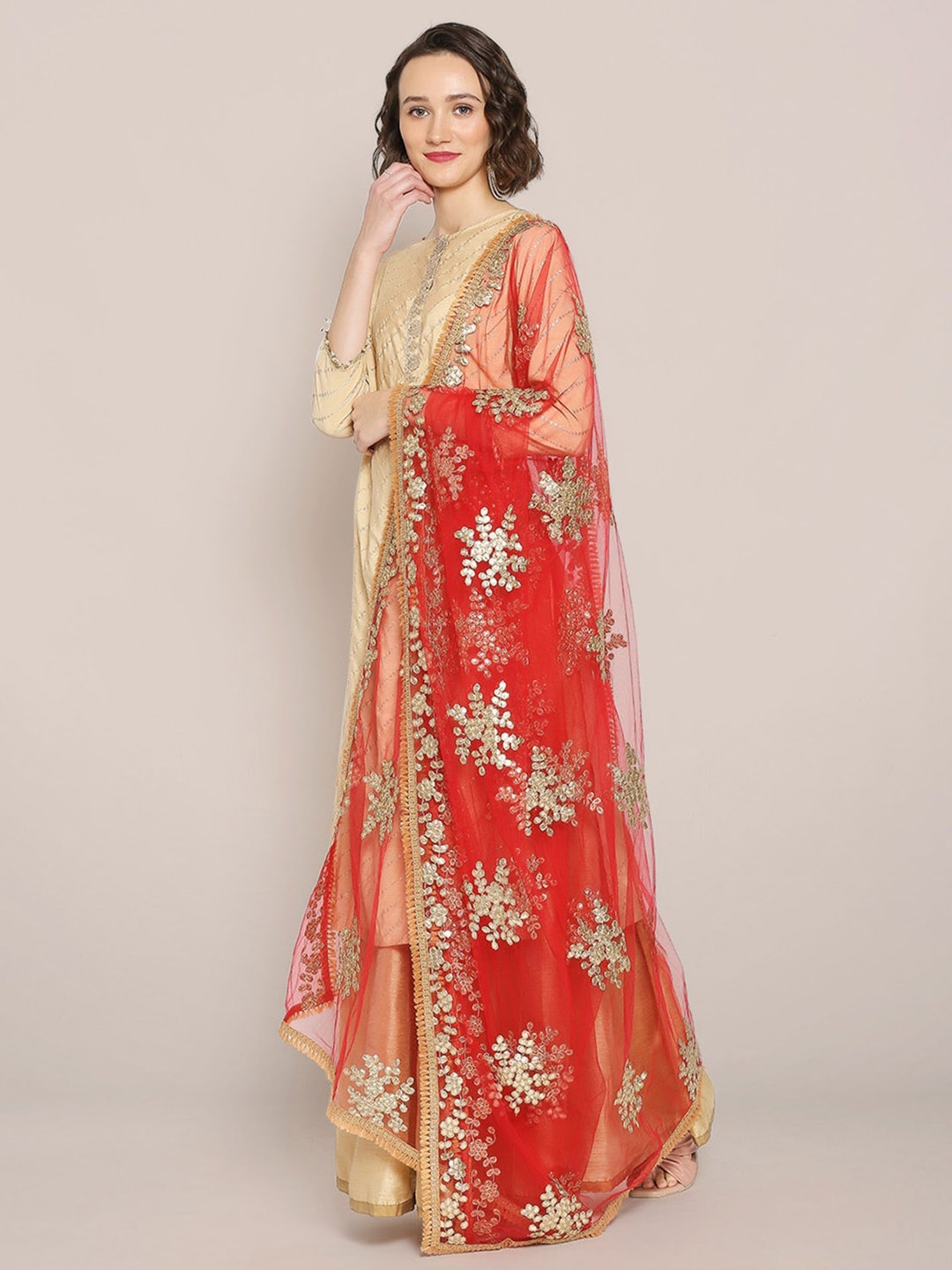 

Dupatta Bazaar Embroidered Net Dupatta with Gotta Patti, Red
