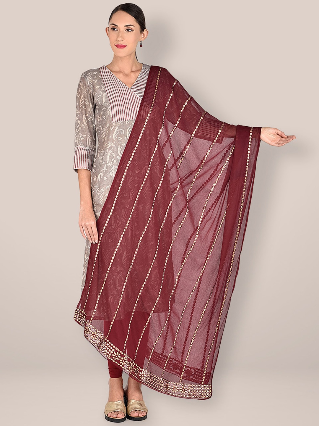 

Dupatta Bazaar Striped Chiffon Dupatta with Gotta Patti, Maroon