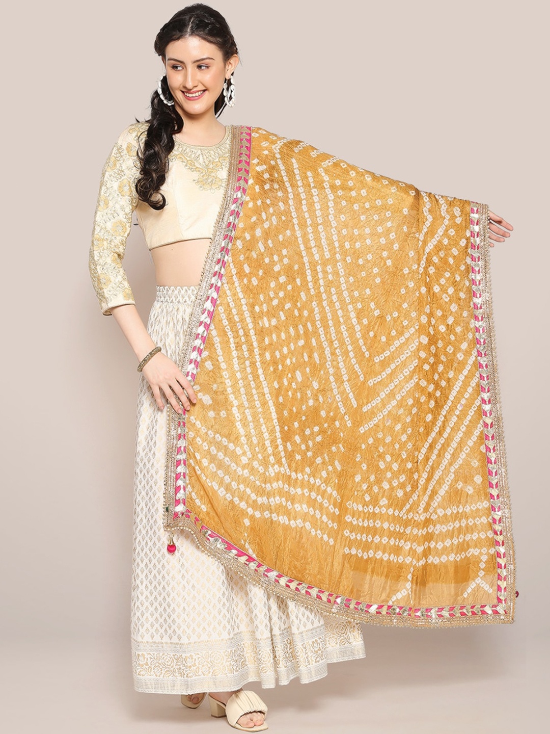 

Dupatta Bazaar Printed Bandhani Silk Dupatta with Gotta Patti, Gold
