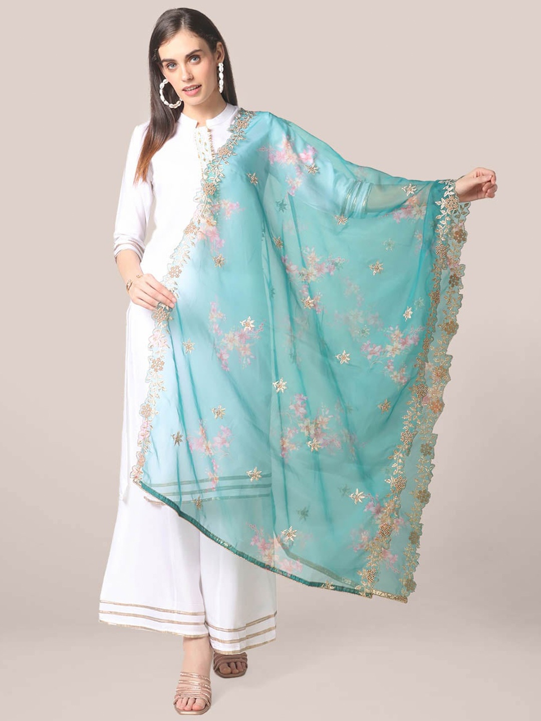 

Dupatta Bazaar Embroidered Organza Dupatta with Zardozi, Teal