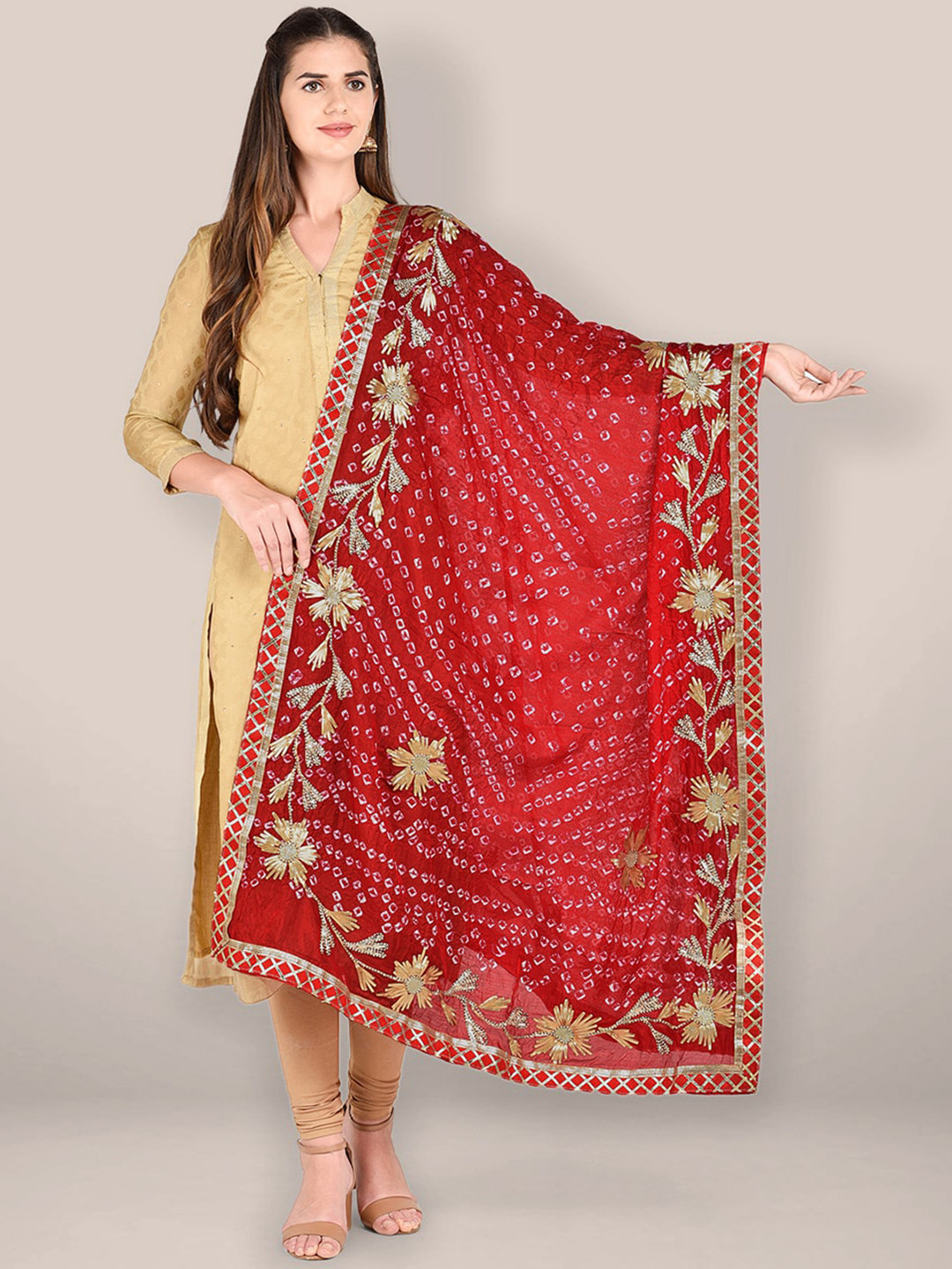 

Dupatta Bazaar Embroidered Bandhani Dupatta, Red