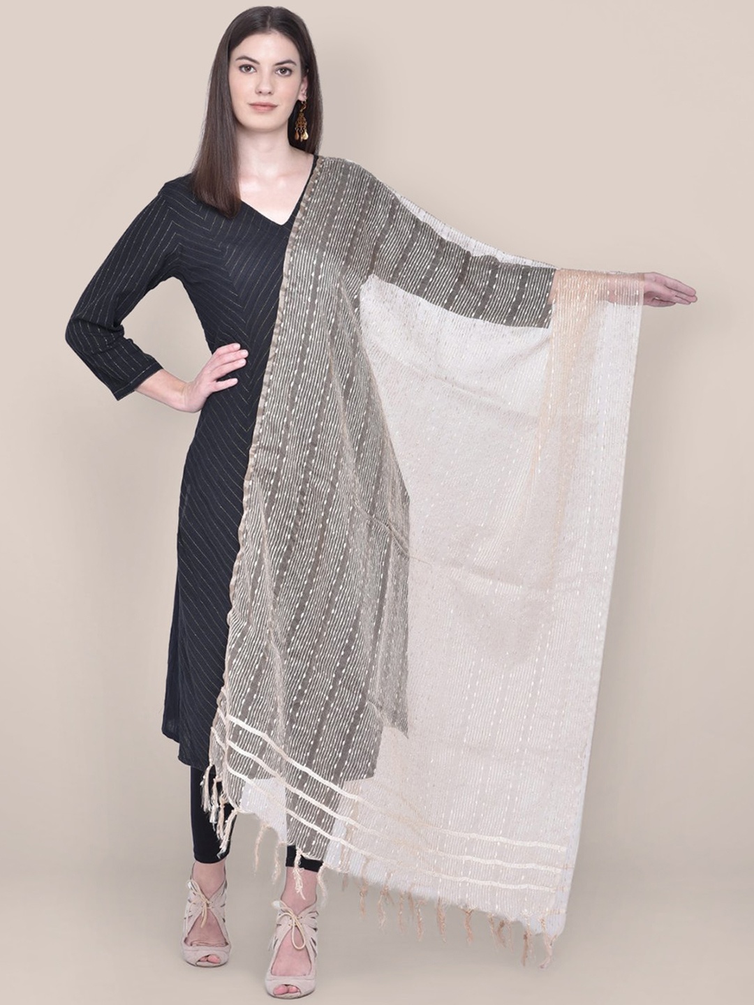 

Dupatta Bazaar Striped Organza Dupatta with Thread Work, Cream