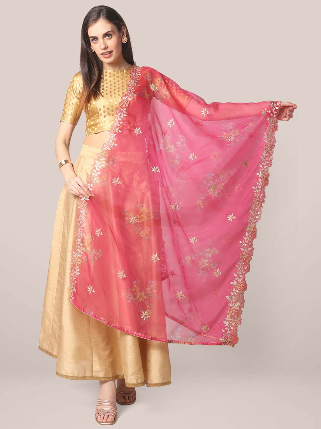 

Dupatta Bazaar Embroidered Organza Dupatta with Zardozi, Pink
