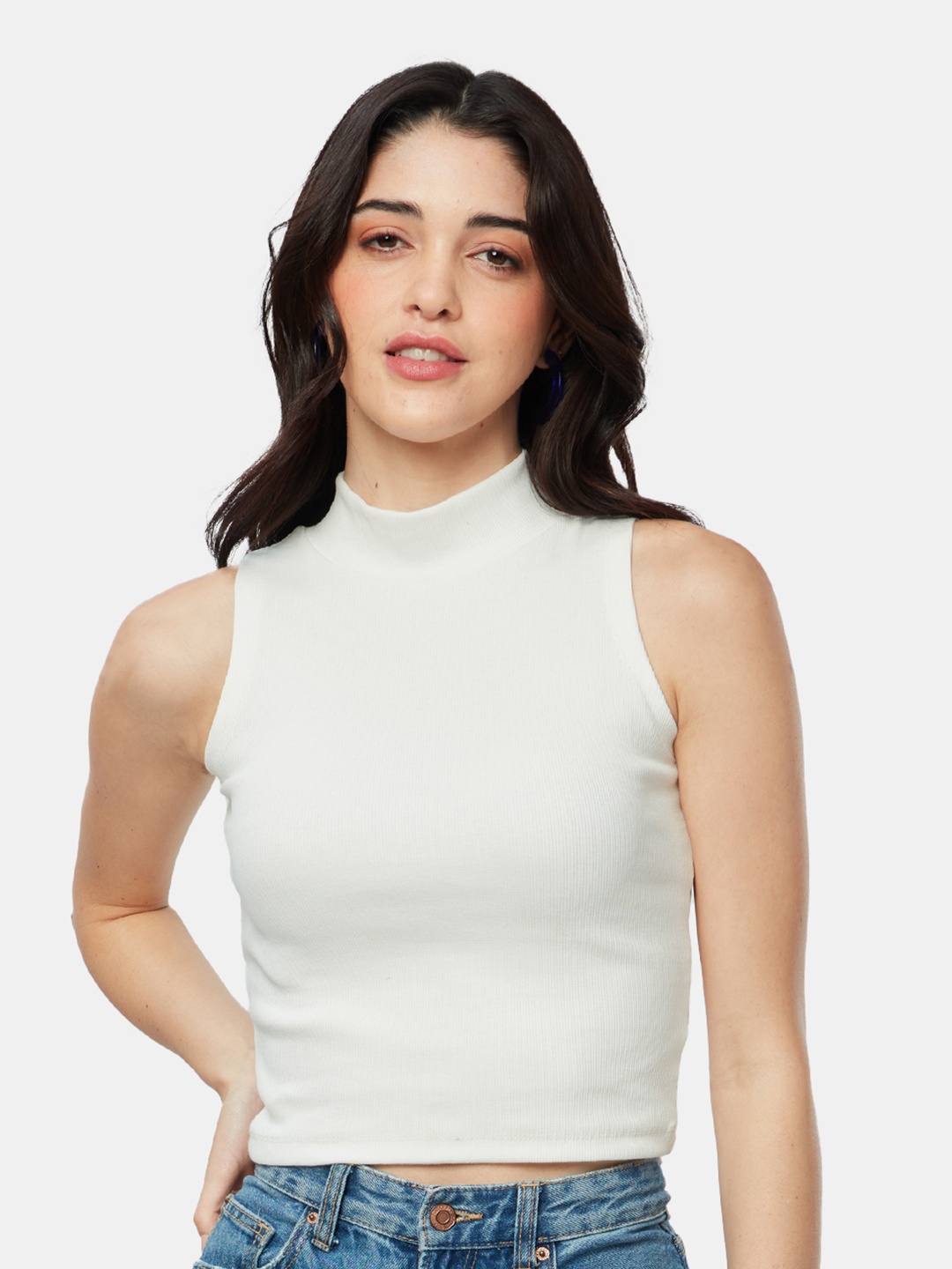 

The Souled Store White High Neck Sleeveless Top