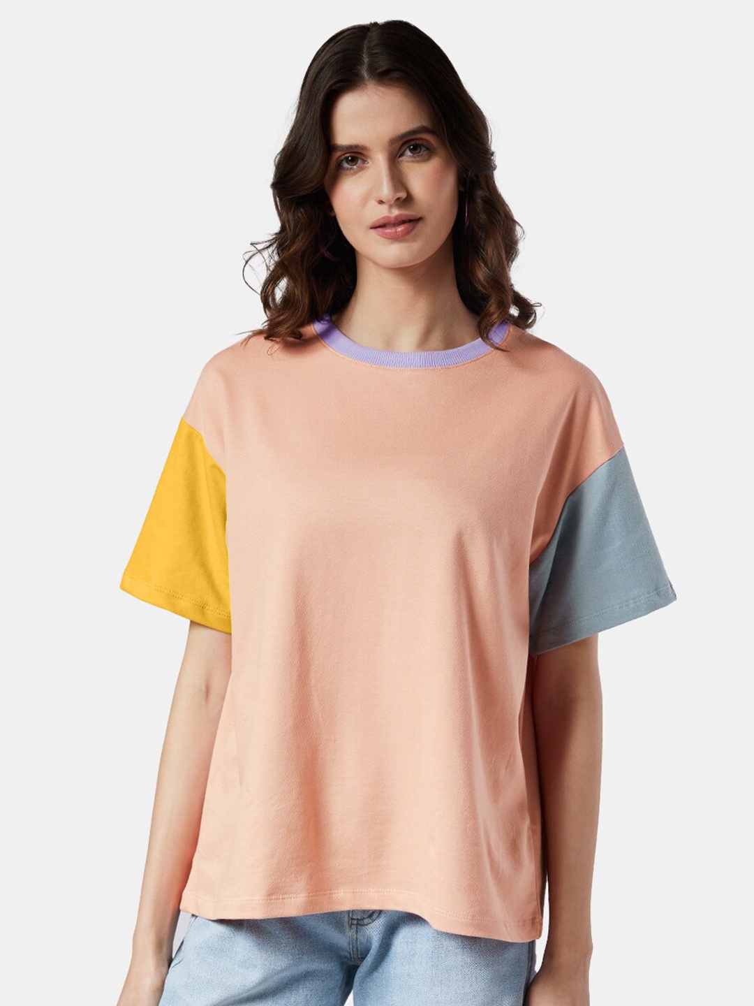 

The Souled Store Women Colourblocked Cotton Oversized T-shirt, Peach