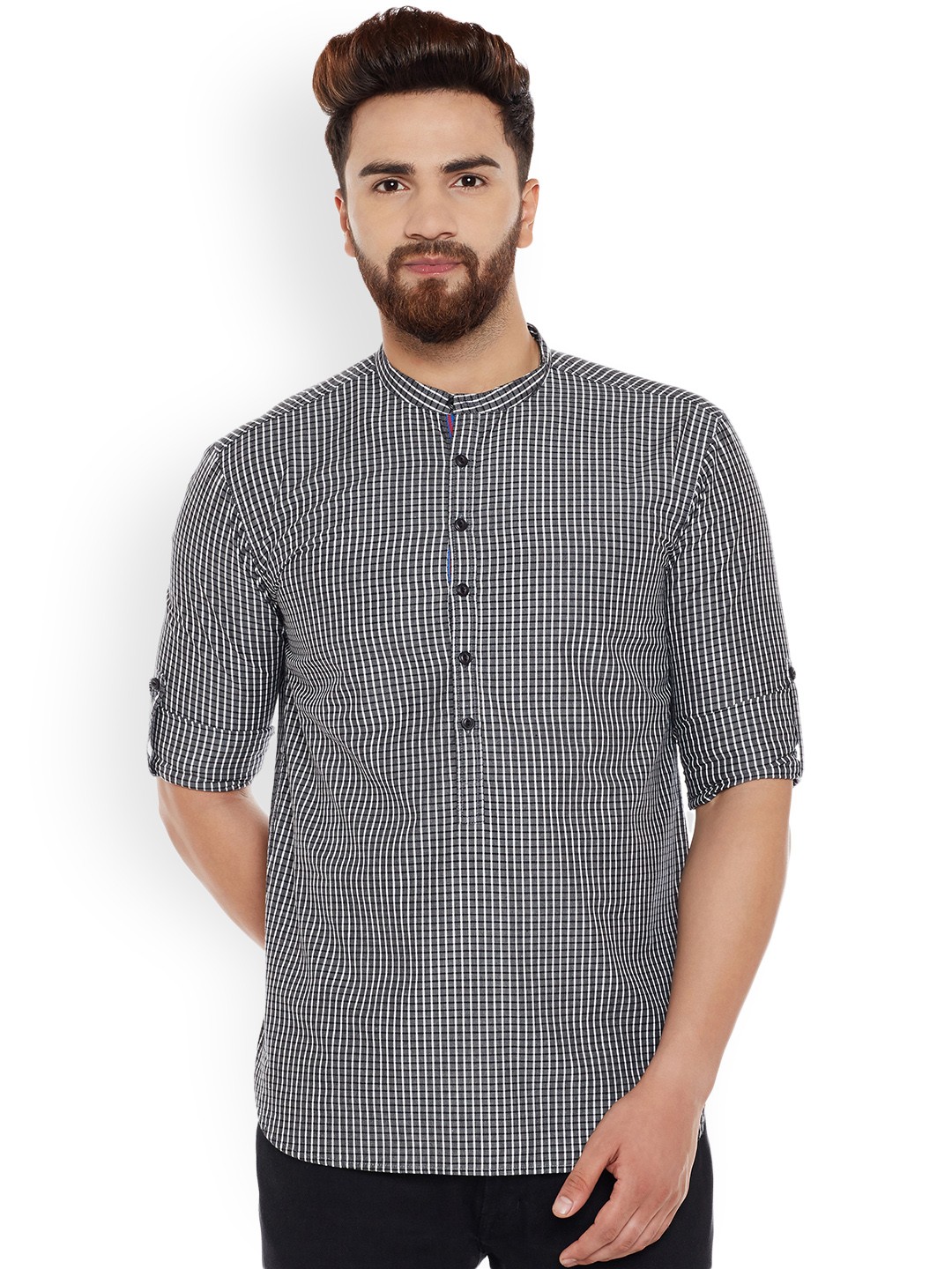 

even Men Grey Checked Straight Kurta