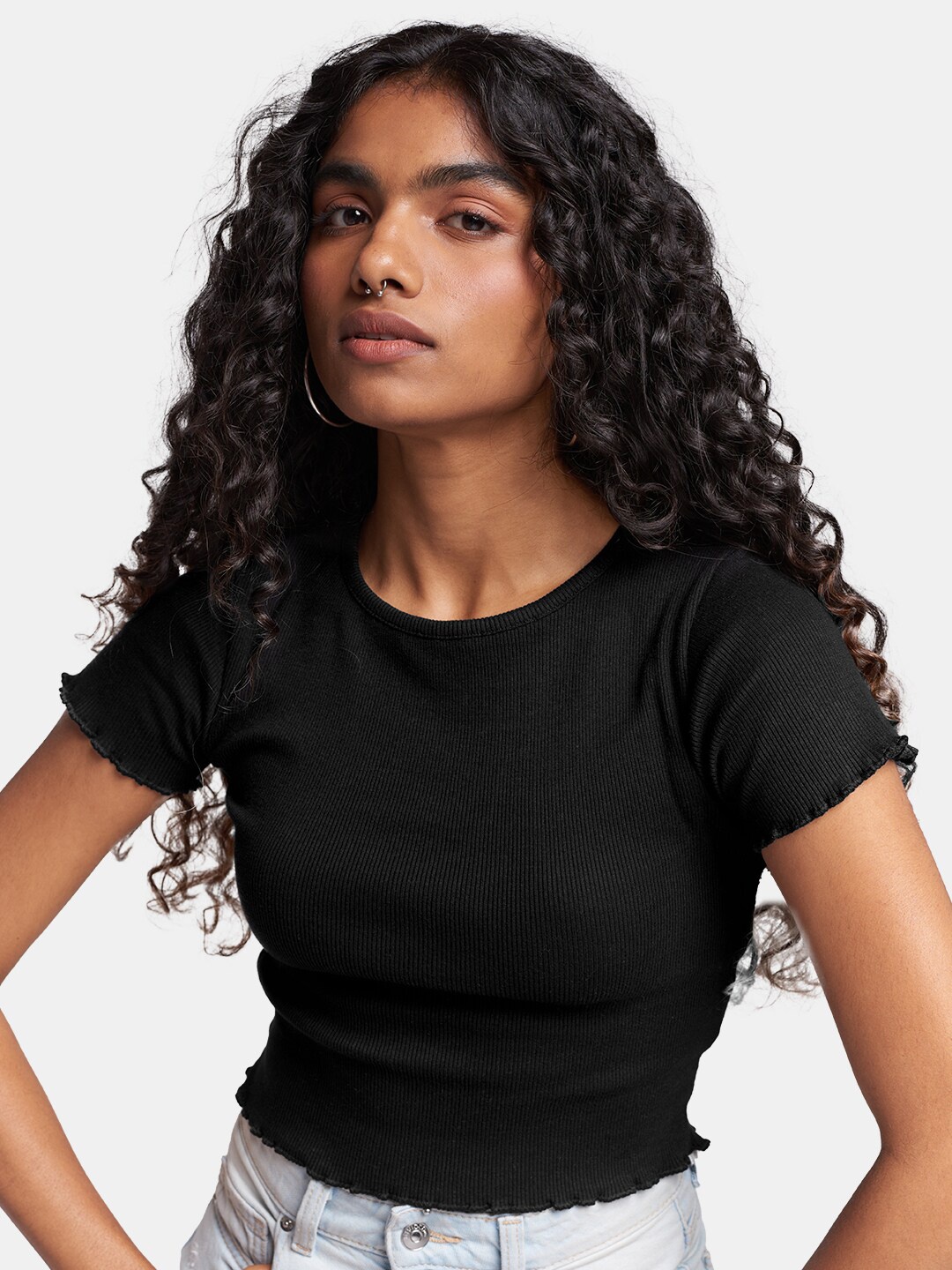 

The Souled Store Women Cotton Solid T-shirt, Black