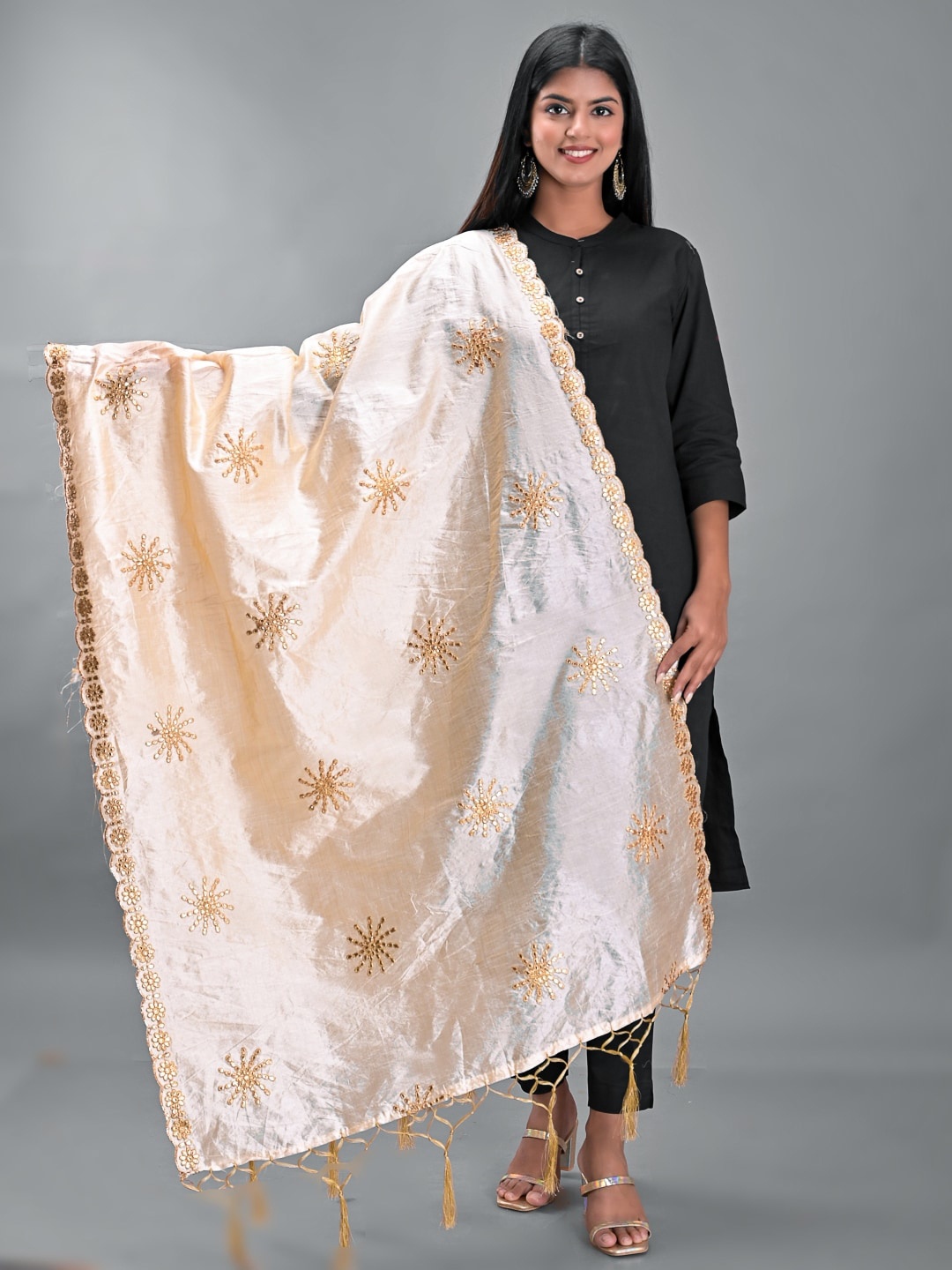 

Apratim Ethnic Motifs Embroidered Crepe Dupatta with Gotta Patti, Gold