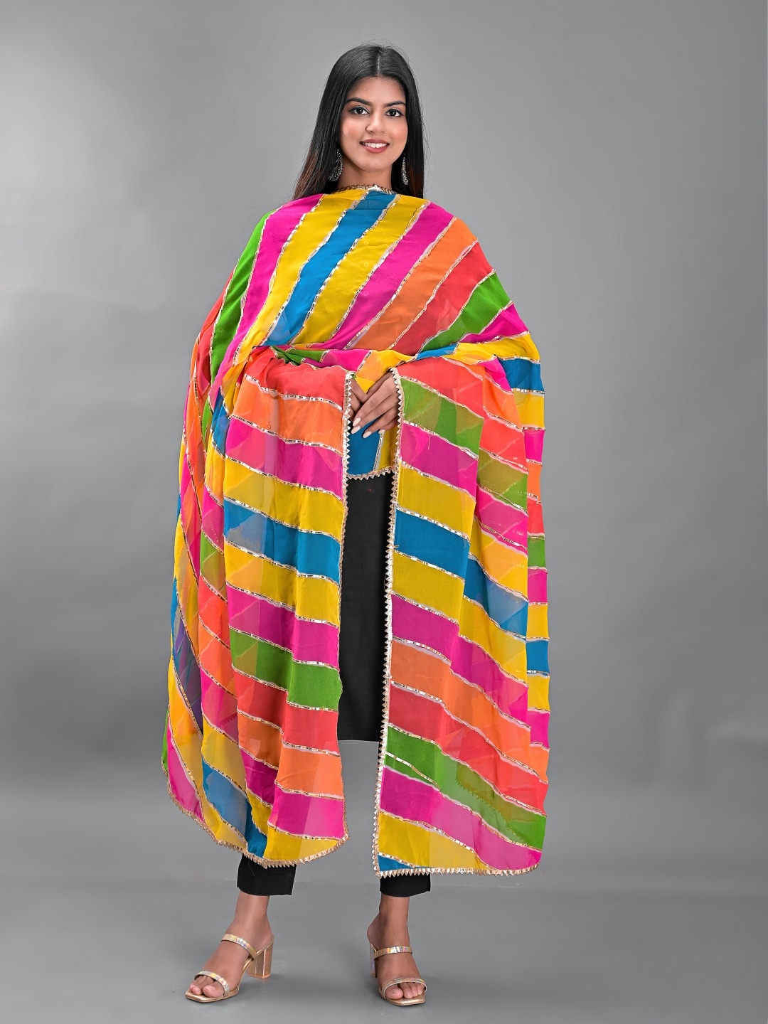 

Apratim Striped Leheriya Dupatta with Gotta Patti, Yellow