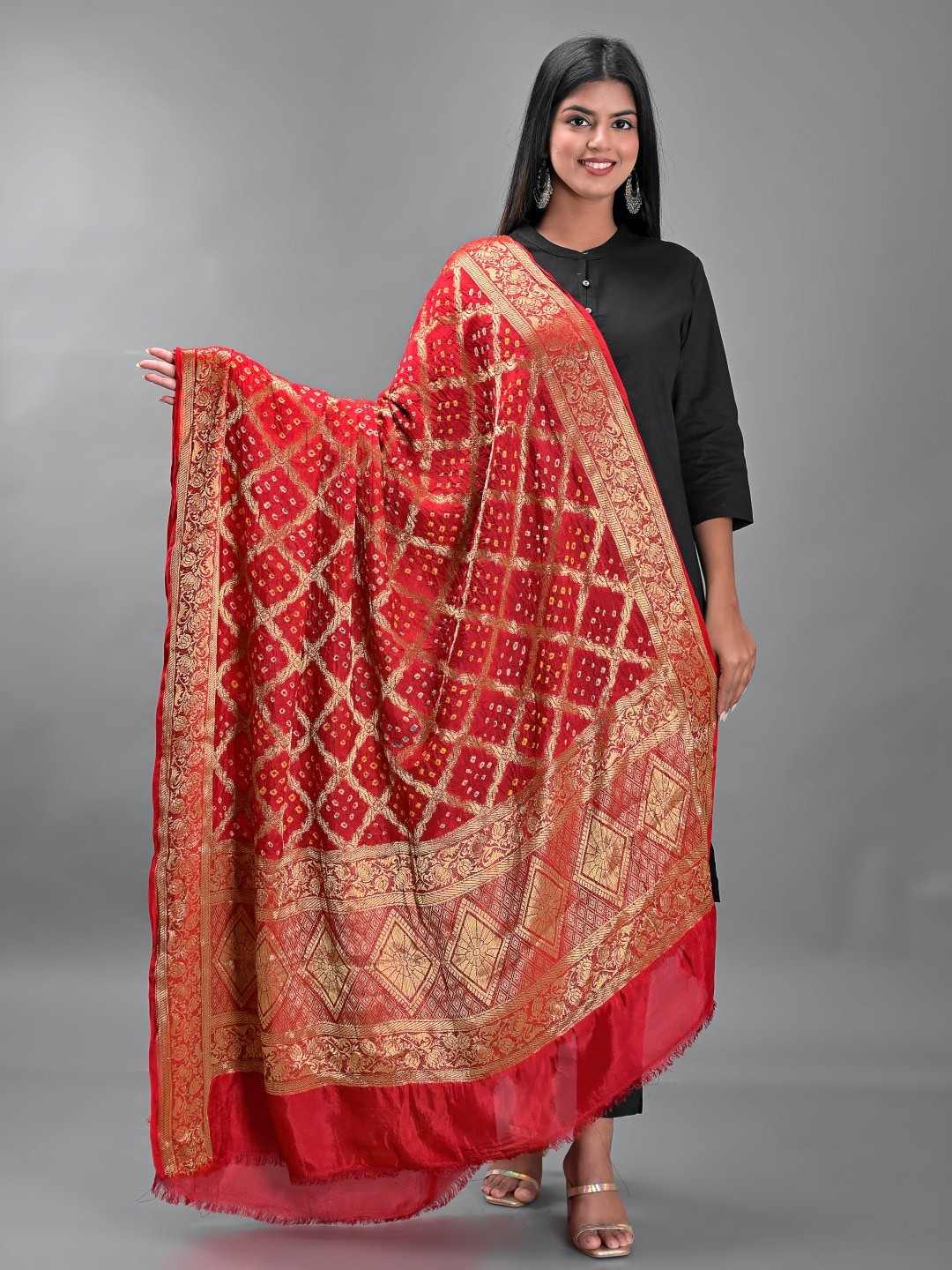 

Apratim Woven Design Bandhani Dupatta with Zari, Red