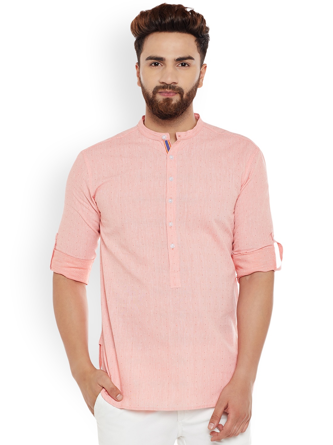 

even Men Peach-Coloured Woven Design Straight Kurta