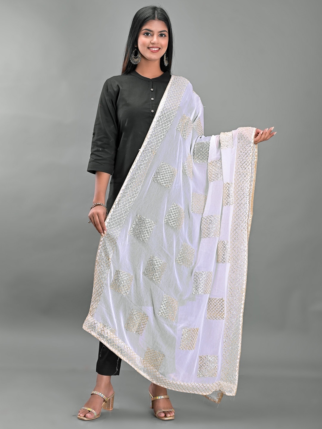 

Apratim Checked Chiffon Dupatta with Gotta Patti, White