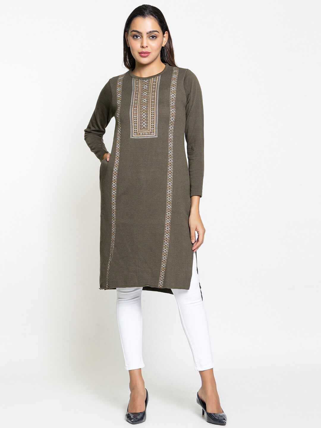

KEIKO Geometric Printed Jacquard Kurta, Olive