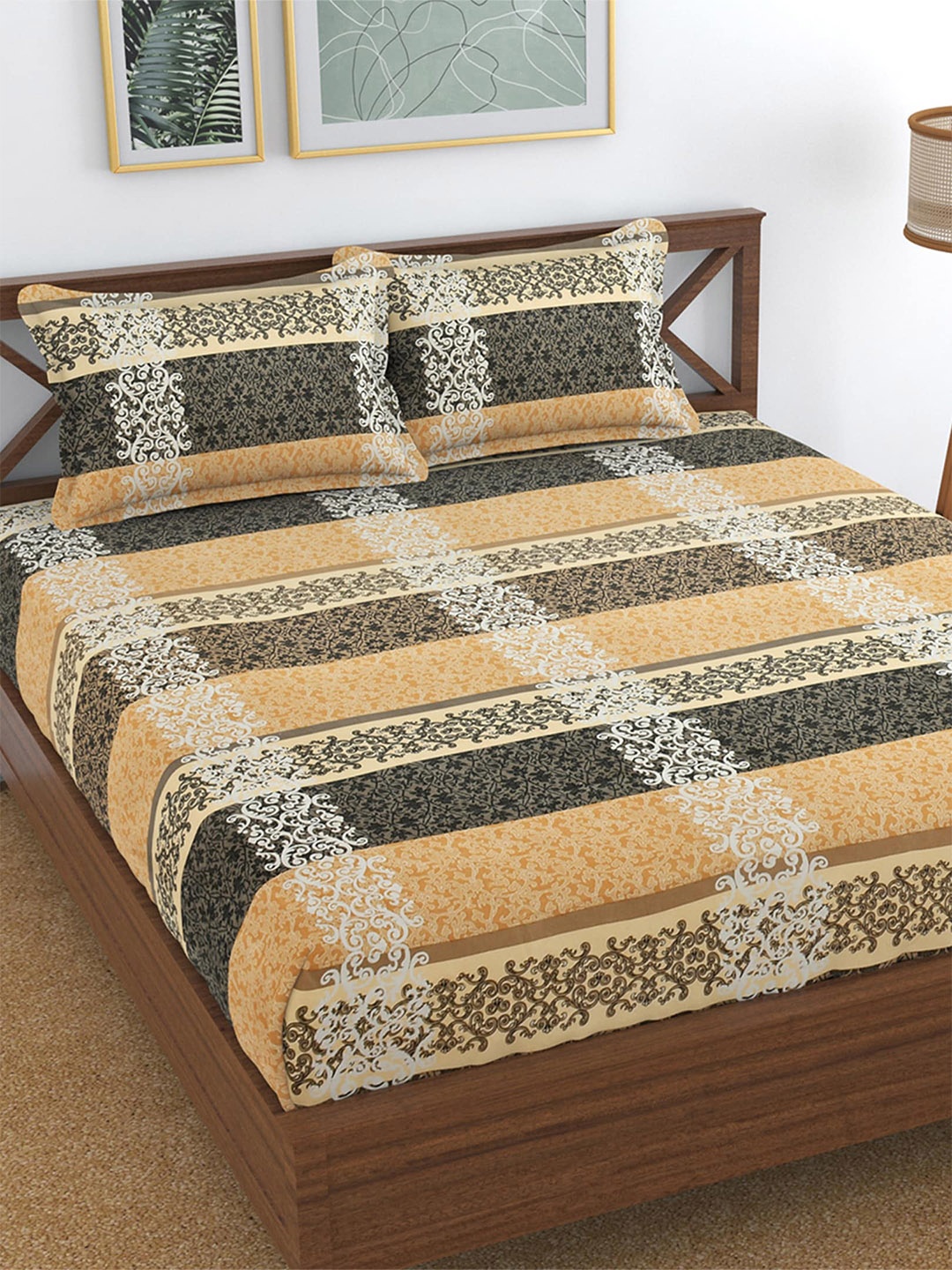 

Hammer Home Beige & Black Floral 144 TC King Bedsheet with 2 Pillow Covers