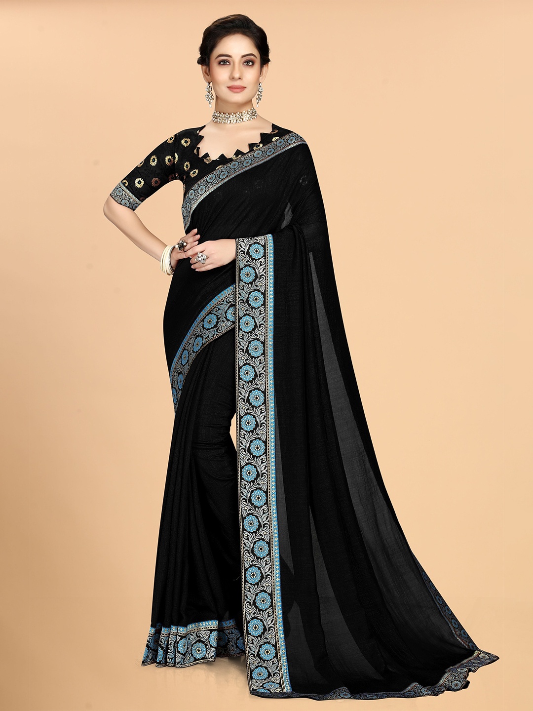 

KALINI Zari Silk Blend Saree, Black