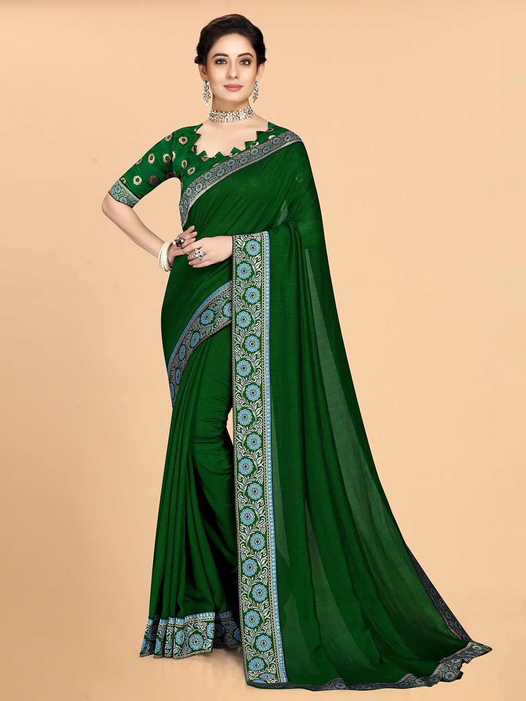 

KALINI Zari Silk Blend Saree, Green
