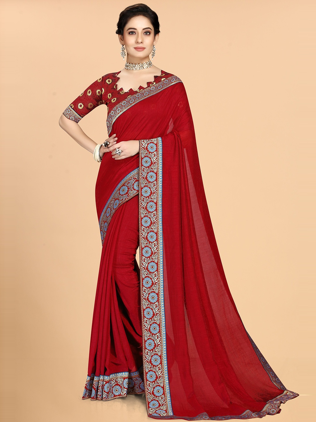 

KALINI Silk Blend Saree, Red