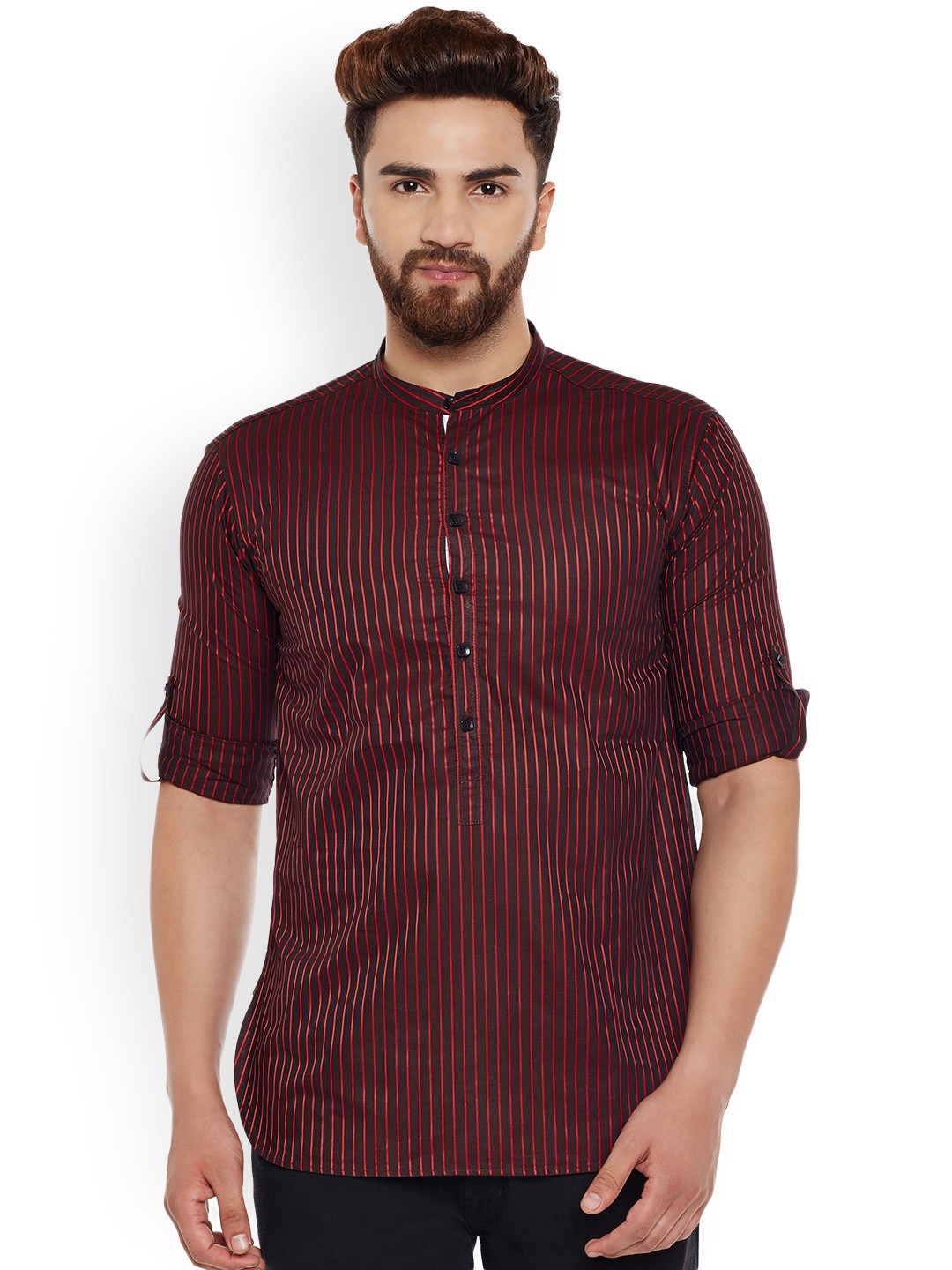 

even Men Brown & Red Striped Straight Kurta