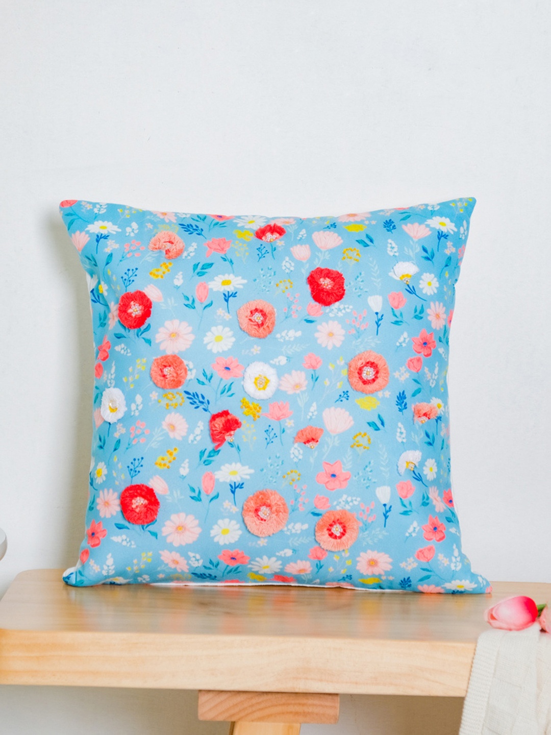 

Nestasia Blue & White Floral Print & Embroidered Velvet Square Cushion Cover