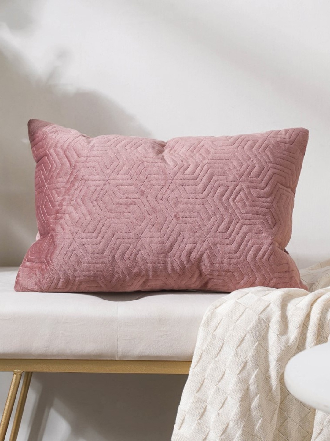 Nestasia Pink Geometric Textured Velvet Rectangle Cushion Cover