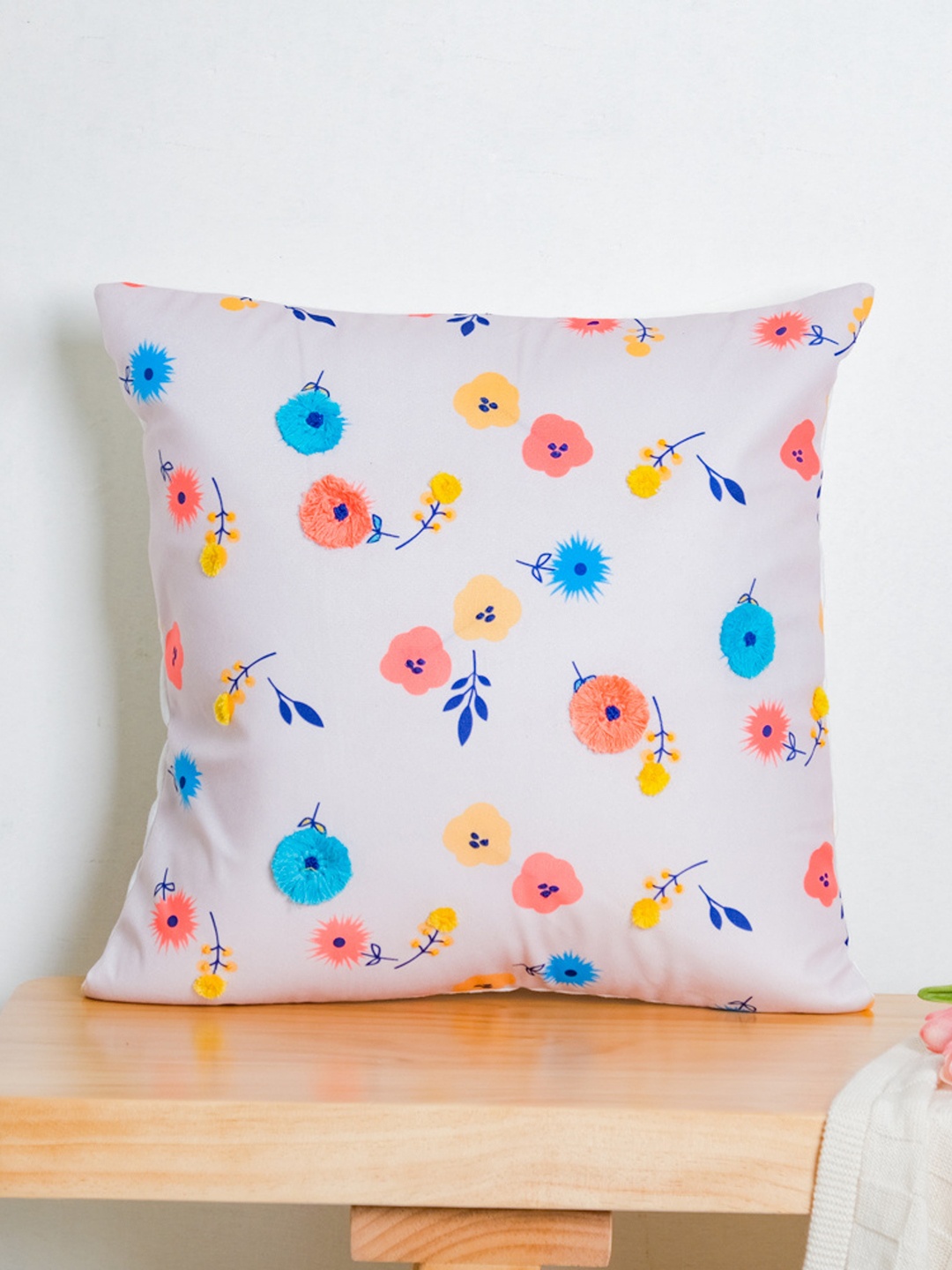 

Nestasia White & Blue Floral Print & Embroidered Velvet Square Cushion Cover