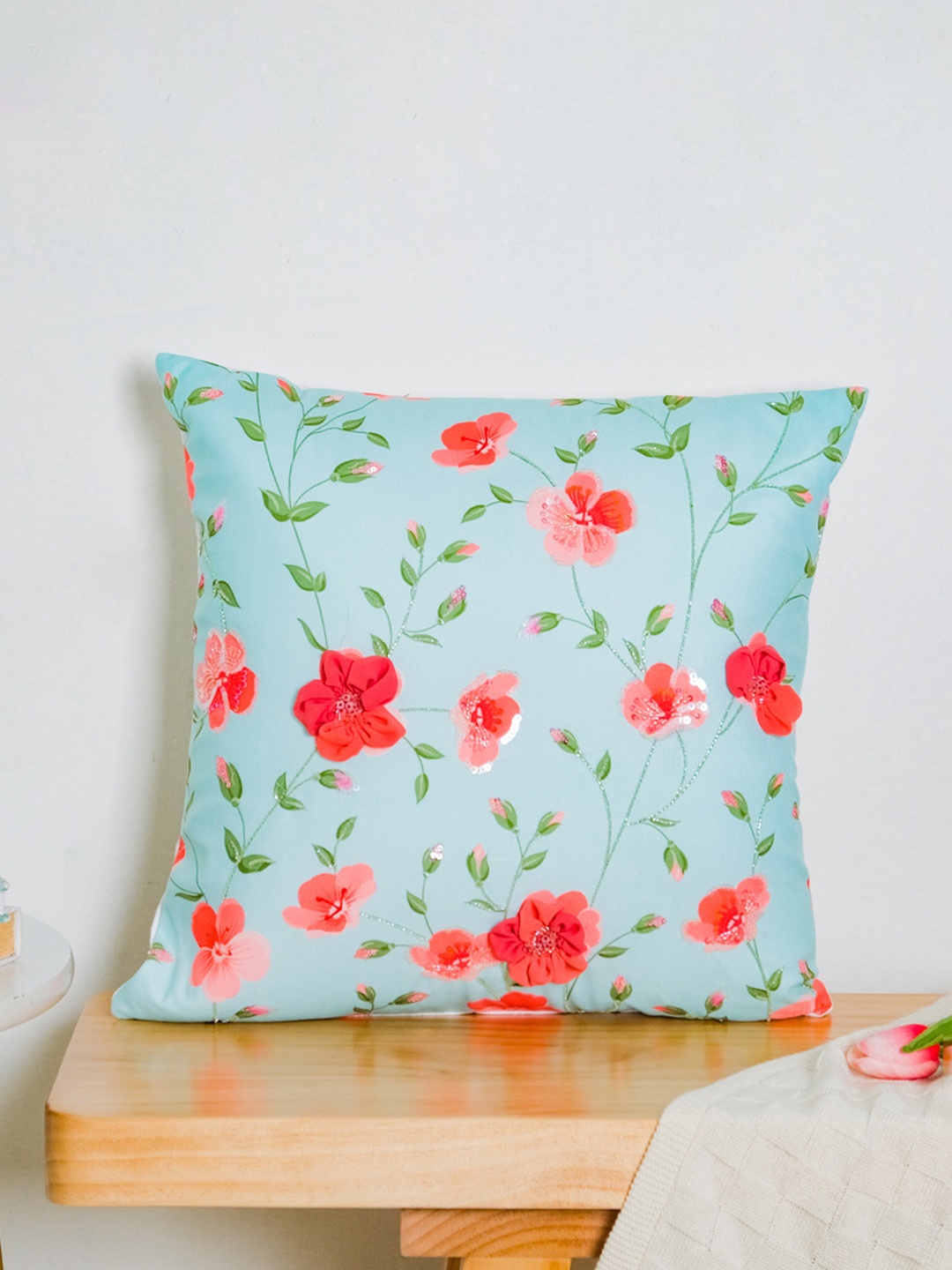 Nestasia Blue & Red Floral Print & Embroidered Velvet Square Cushion Cover