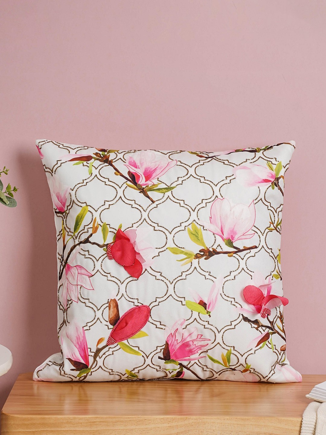 

Nestasia White & Pink Floral Embroidered Sequin Cotton Velvet Square Cushion Cover