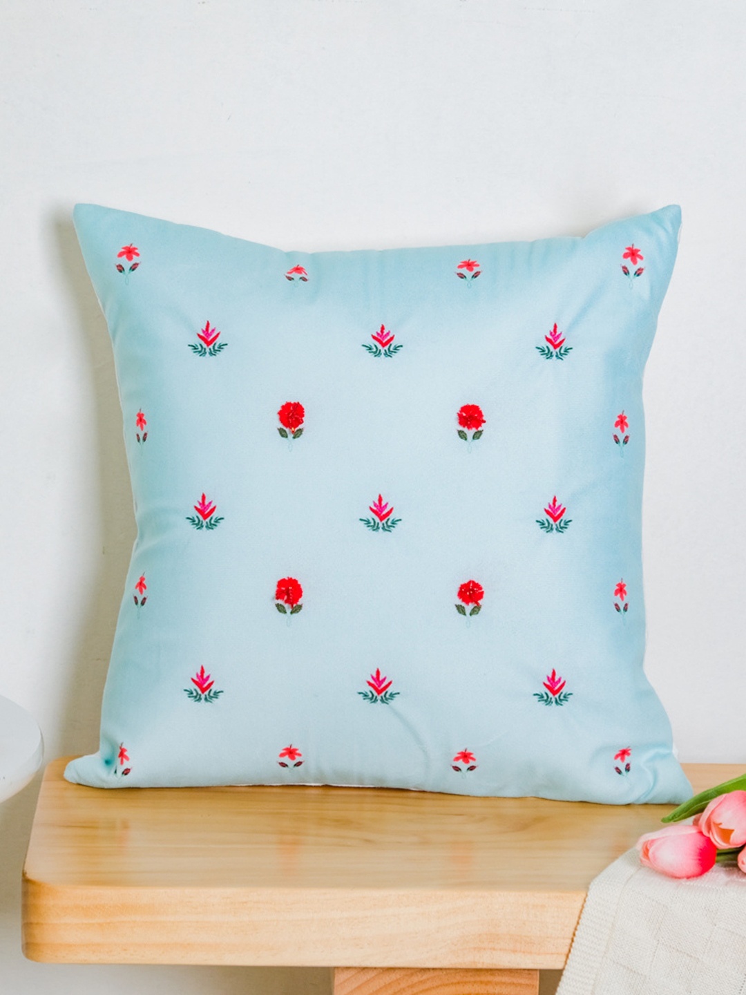 

Nestasia Blue & Red Floral Embroidered Velvet Square Cushion Cover