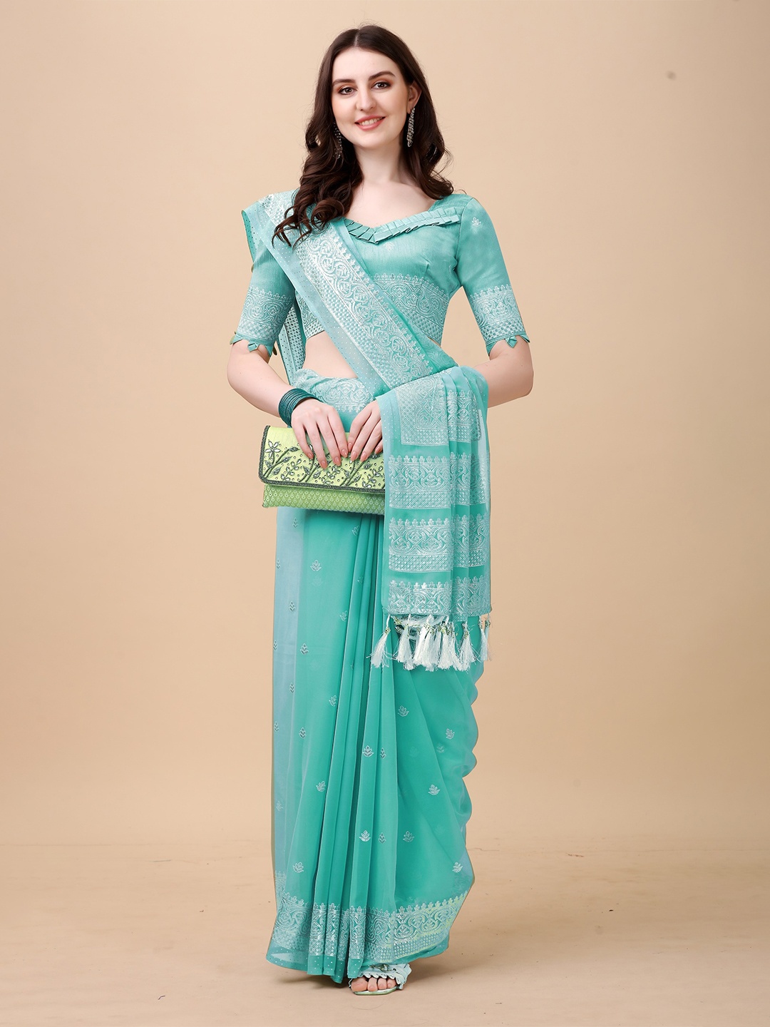 

KALINI Woven Design Zari Jute Silk Saree, Teal