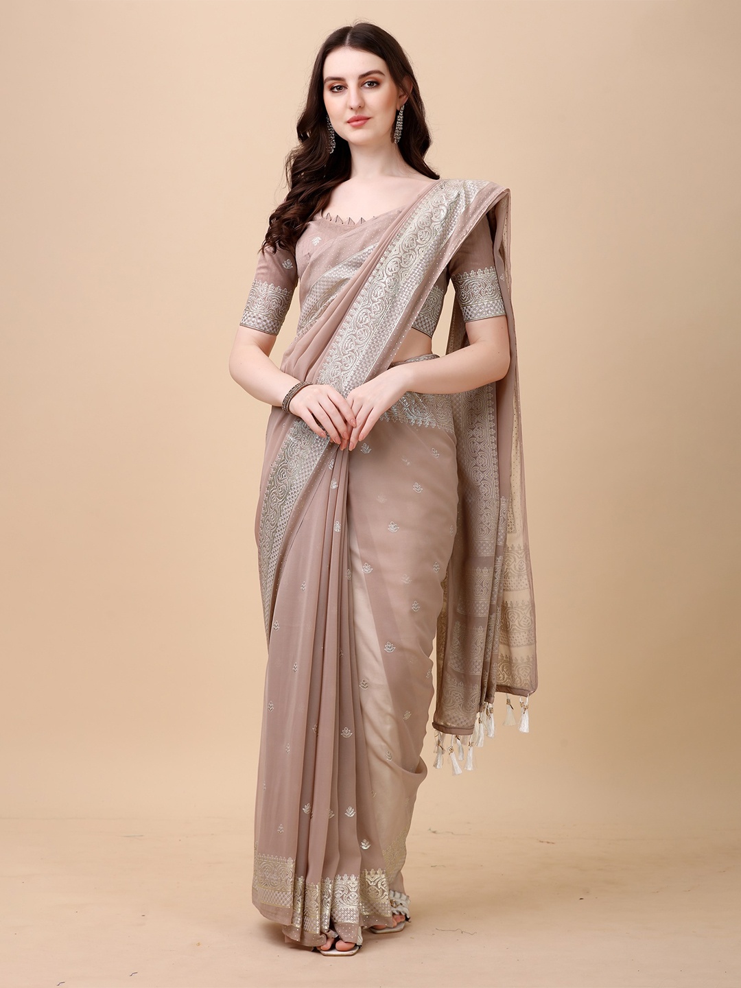 

KALINI Ethnic Motifs Zari Jute Silk Saree, Coffee brown