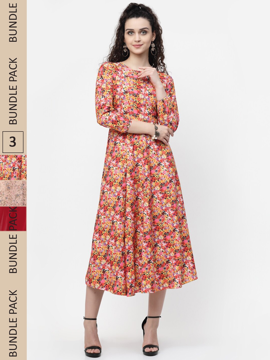 

MISS AYSE Pack of 3 Floral Midi Dress, Peach
