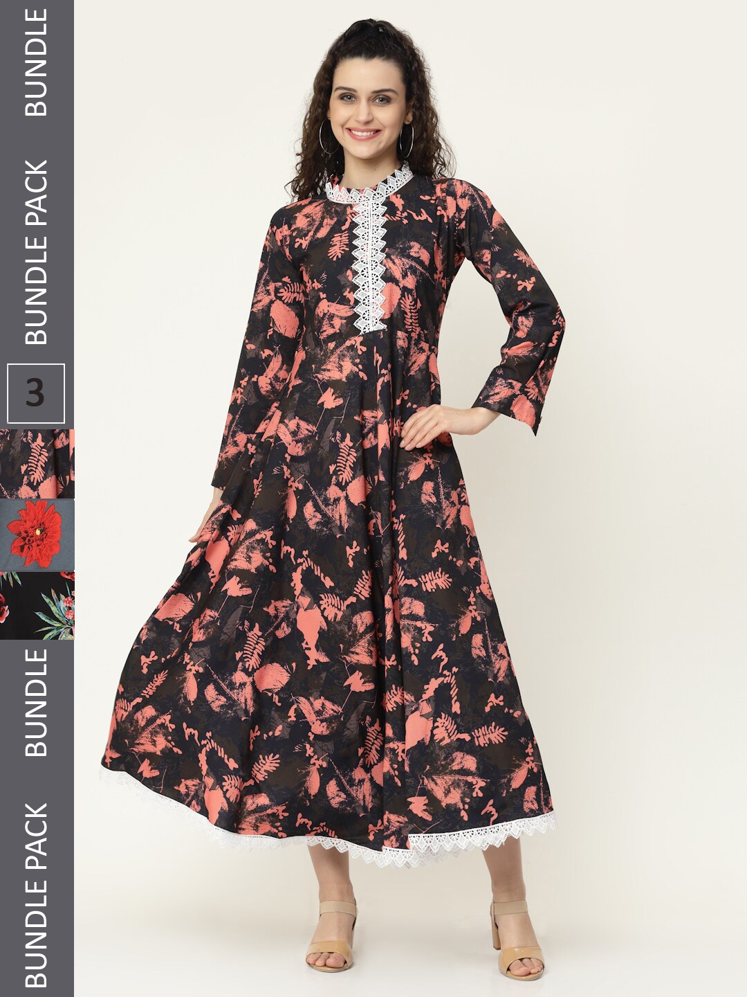 

MISS AYSE Pack of 3 Floral Midi Dress, Black
