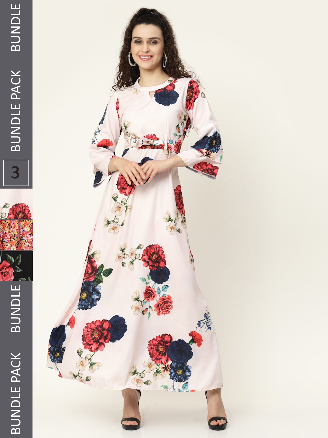 

MISS AYSE Set of 3 Floral Printed Midi Dress, Cream
