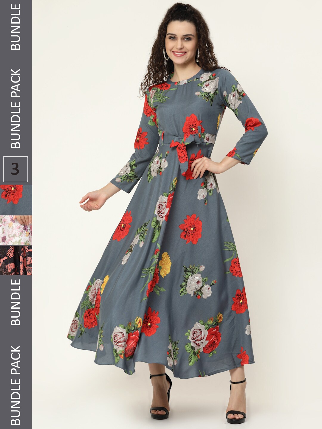

MISS AYSE Set of 3 Floral Printed Maxi Maxi Dress, Grey