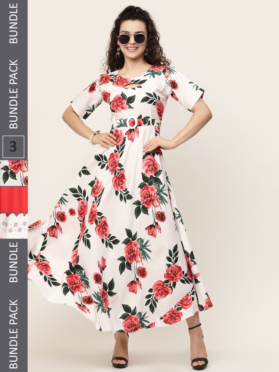 

MISS AYSE Set of 3 Floral Printed Maxi Maxi Dress, Cream