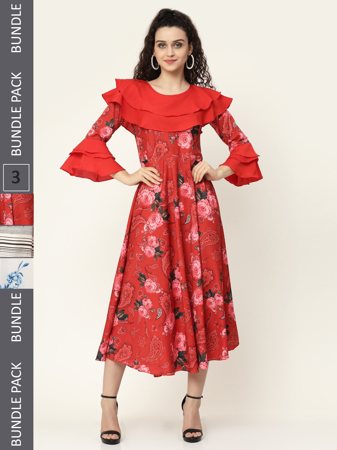 

MISS AYSE Set of 3 Floral Printed Midi Dress, Red