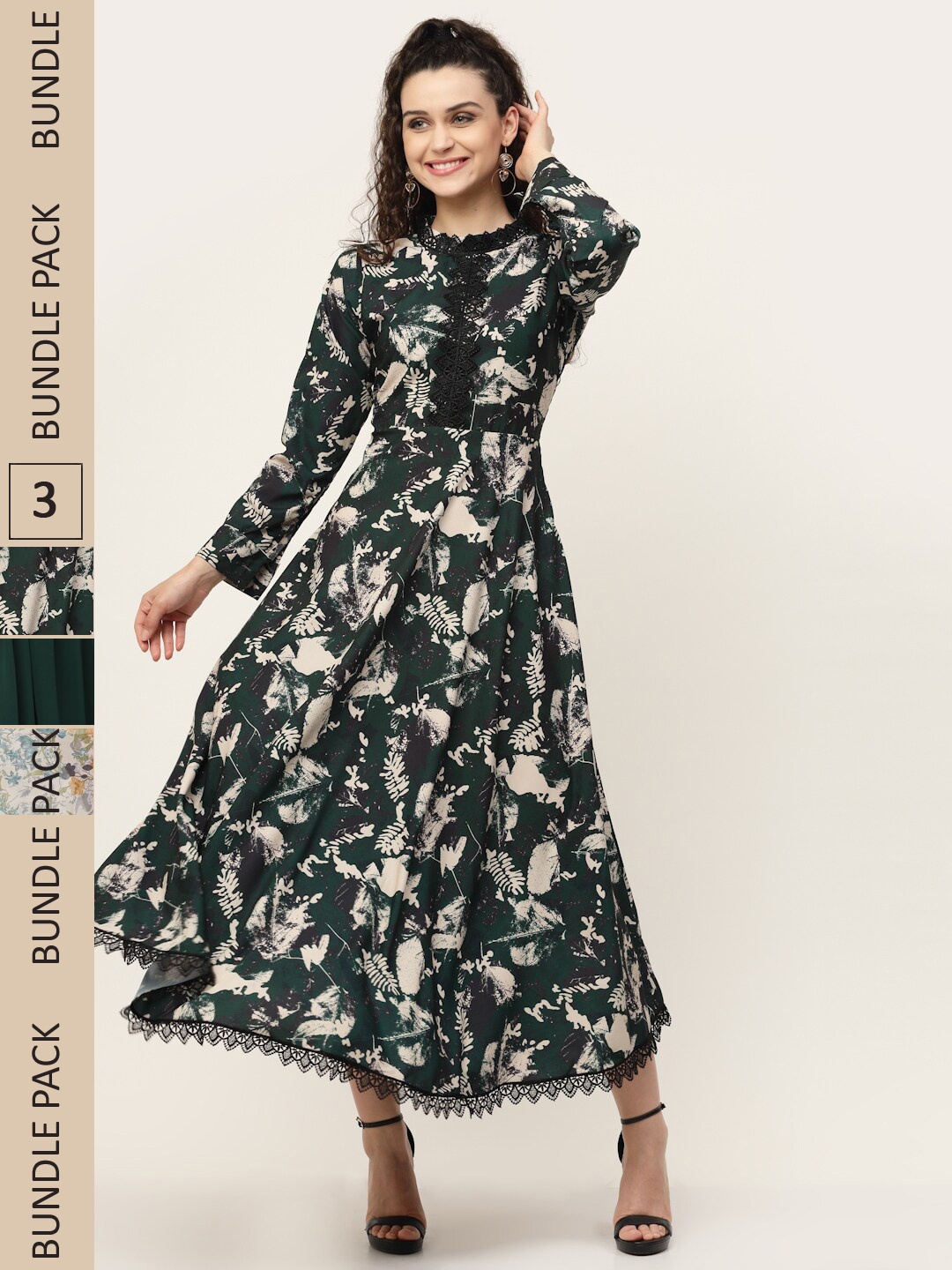 

MISS AYSE Set of 3 Printed Georgette Maxi Dress, Green