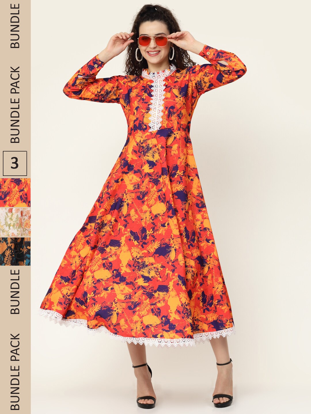 

MISS AYSE Set of 3 Floral Printed Tie-Up Neck Maxi Midi Dress, Orange