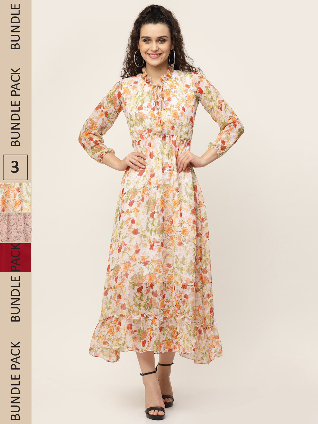 

MISS AYSE Set of 3 Floral Printed Tie Up Neck Georgette Maxi Dress, Cream