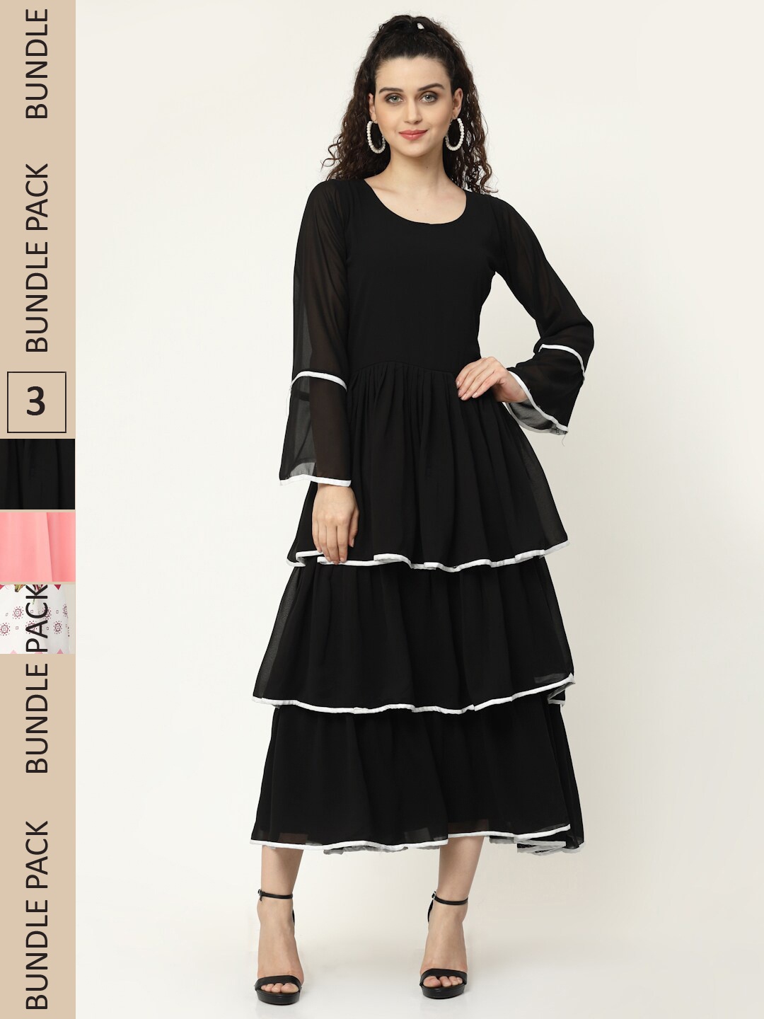 

MISS AYSE Set of 3 Printed Midi Dress, Black