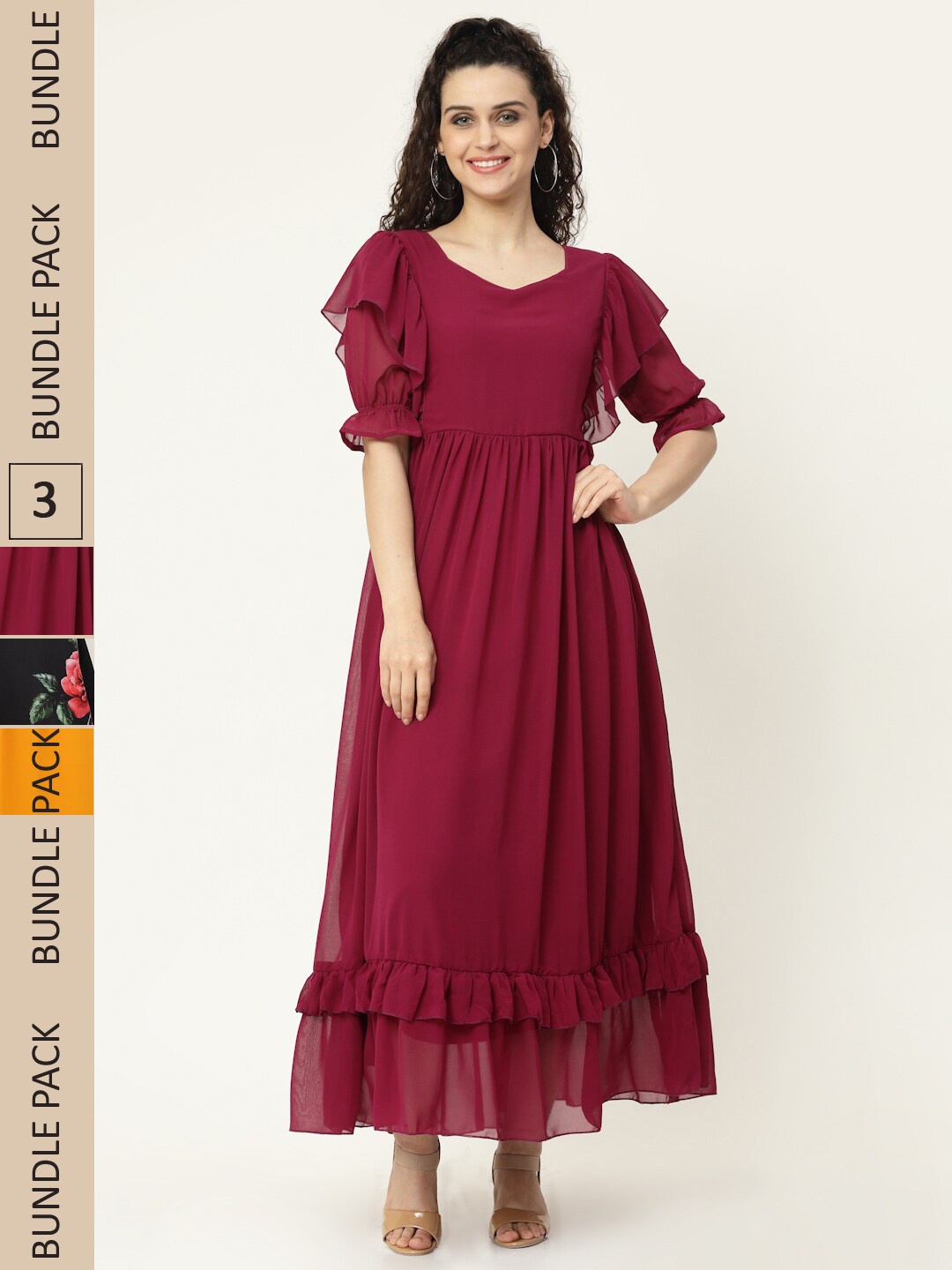 

MISS AYSE Set of 3 Floral Printed Maxi Dress, Maroon